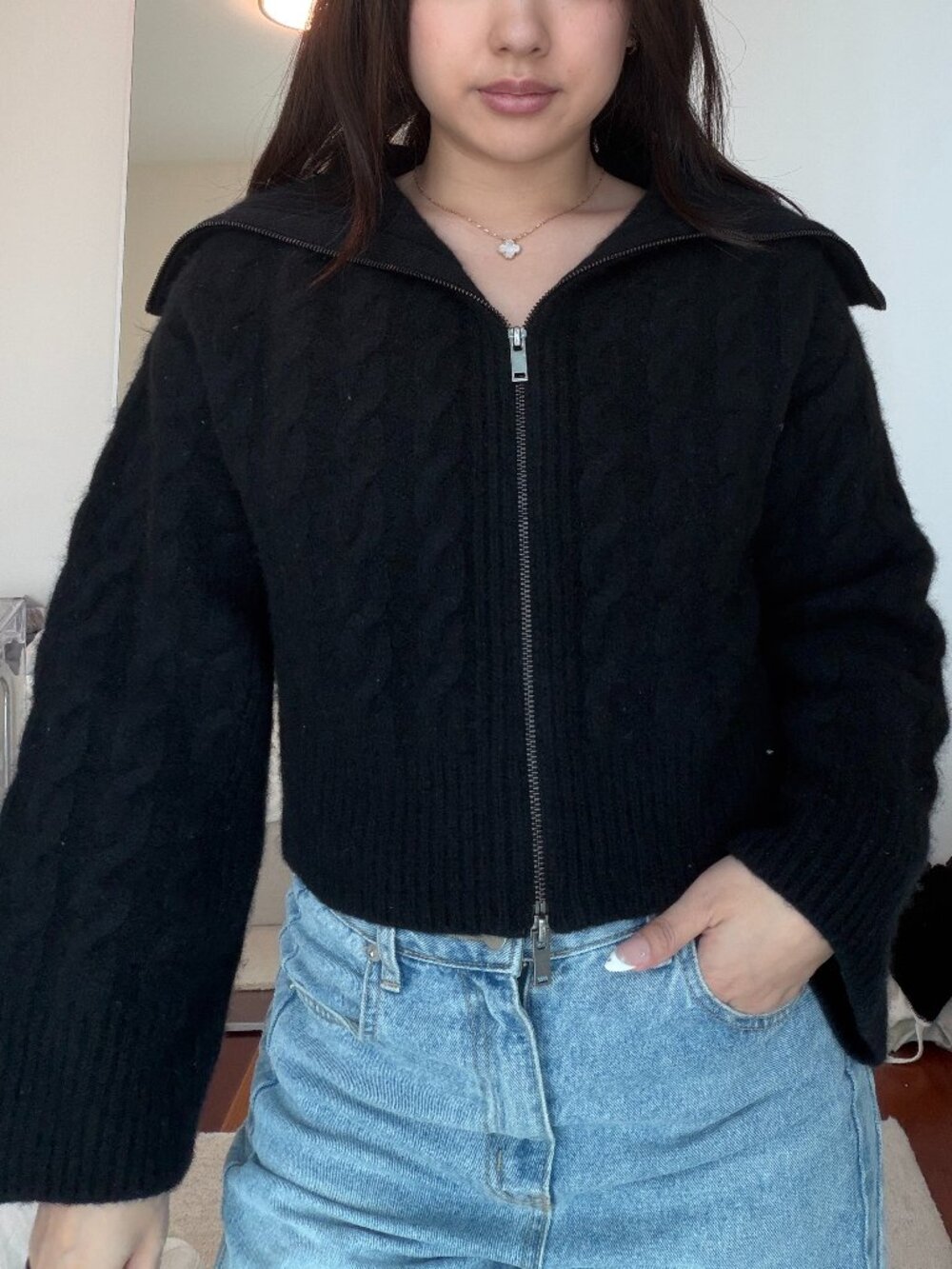 COS 100% Wool Black Funnel Neck Cableknit Zip Up Sweater